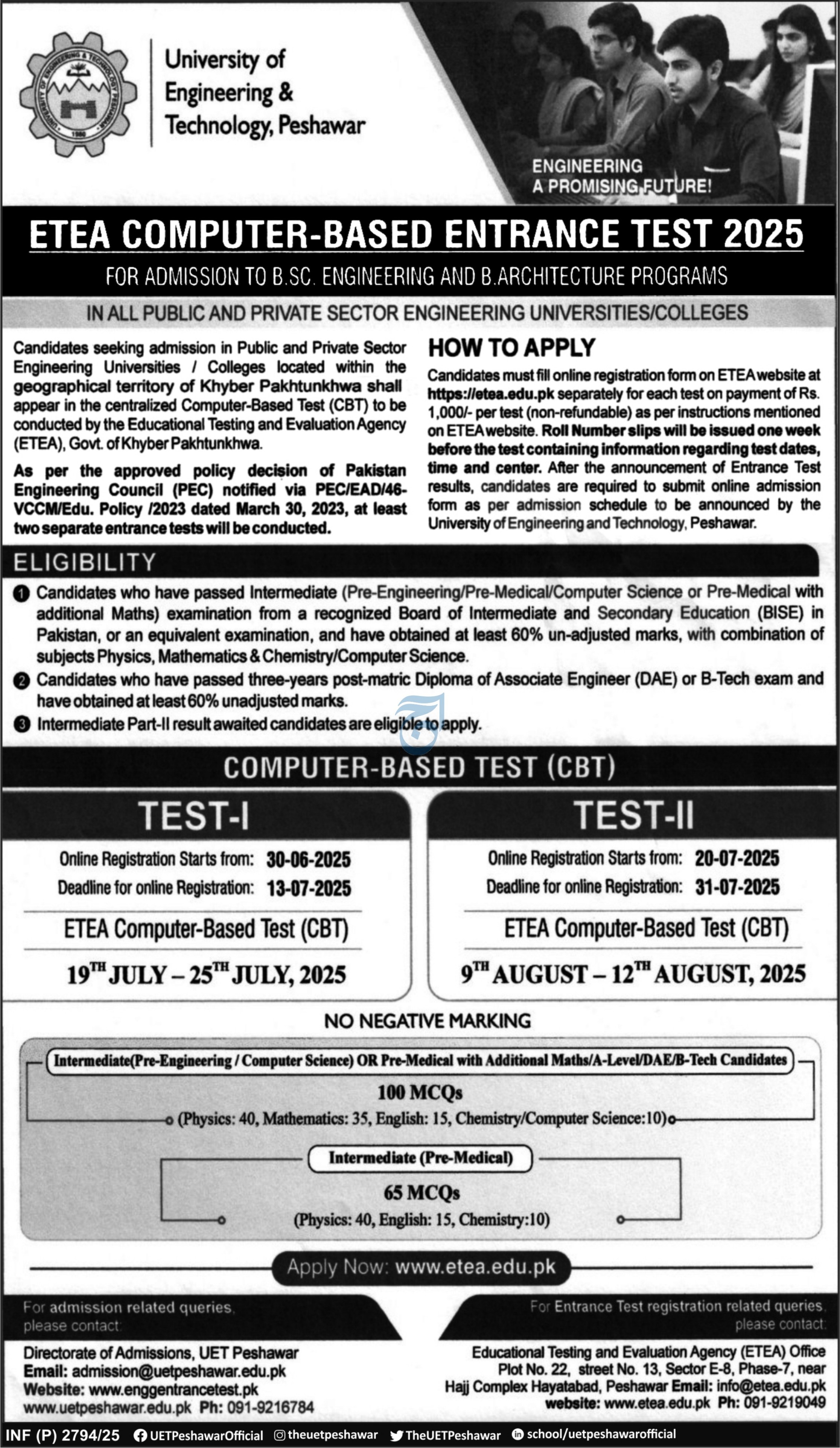 Admission Open in University of Engineering & Technology Peshawar